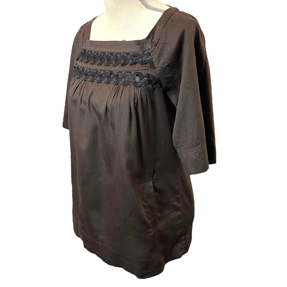 Sandro Paris Brown Black Embroidery Boatneck Elbow Sleeve Cotton Top (4) - Picture 5 of 14